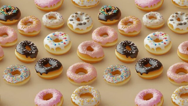 Seamless animation of colorful assorted donuts on beige background.
