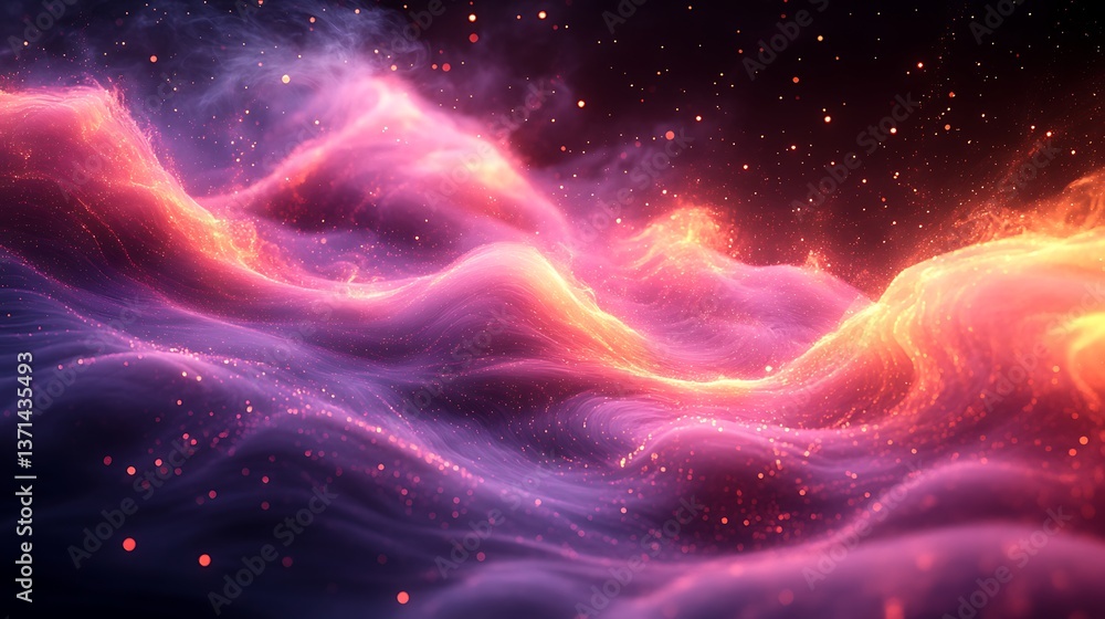 Poster abstract nebula scenery: colorful cosmic dust waves and sparkles in deep space, creating a beautiful