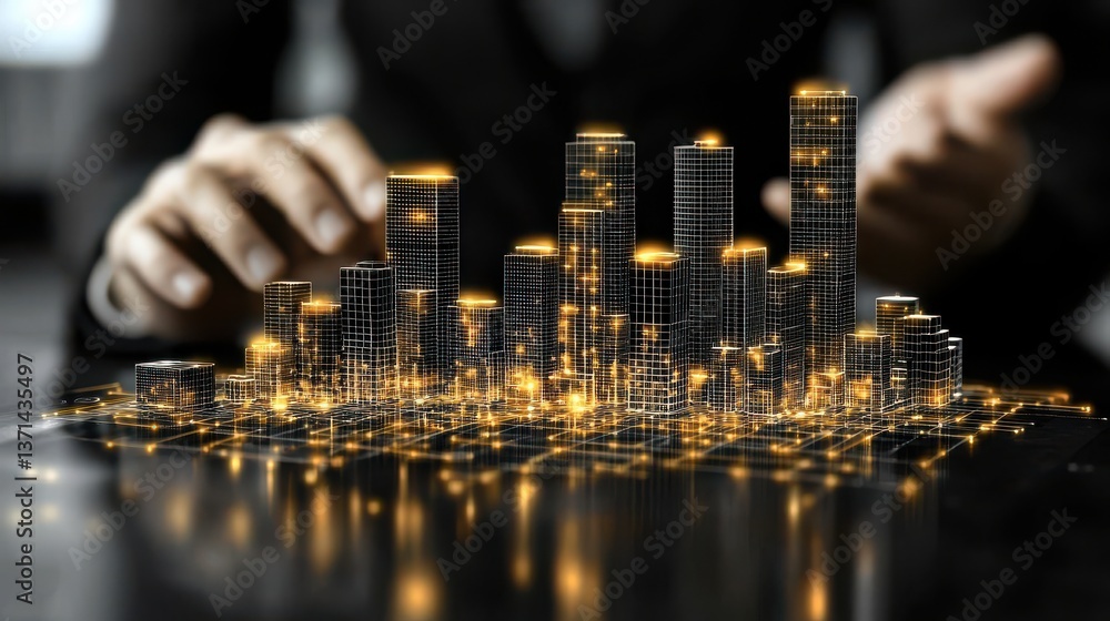 Poster a man is drawing a city on a computer screen