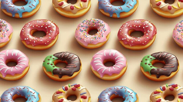 Sweet 3D animated donut pattern with colorful toppings.