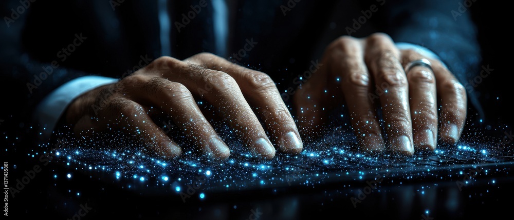 Poster a man is typing on a keyboard with a lot of glitter on it