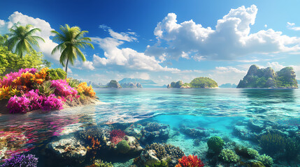 Naklejka premium Tropical Paradise: A breathtaking tropical paradise unfolds, where the pristine turquoise waters meet the vibrant coral reefs, lush green islands, under a vivid blue sky dotted with fluffy clouds.