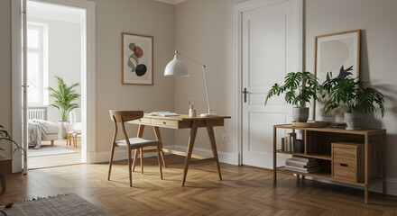 Fototapeta premium A serene home office bathed in soft light, featuring a minimalist wooden desk and chair, complemented by lush potted plants and calming abstract art, creating a peaceful and productive workspace.