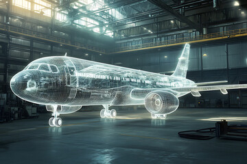 Futuristic digital wireframe of commercial airplane displayed inside aircraft hangar. Transparent holographic model reveals internal structure and engineering details. Concept of aviation innovation, 