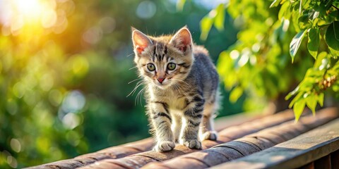 Obraz premium Curious Kitten on Eaves: Summer Village House Photo - Rule of Thirds Composition