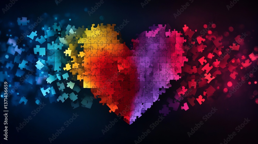 Poster heart shape is formed by colorful puzzle pieces floating on a dark background, showcasing vibrant tr