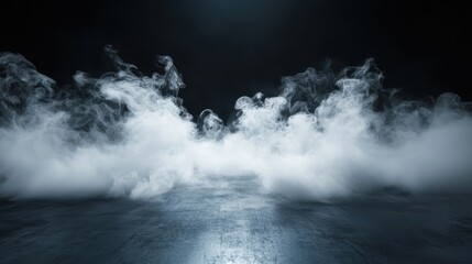 Studio show with white smoke on black background. Abstract backdrop. Modern and classic style. Product presentation with copy space.