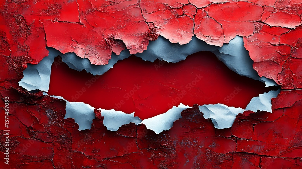 Poster abstract red texture with layered and peeling paint, revealing underlying blue surface, creating a v