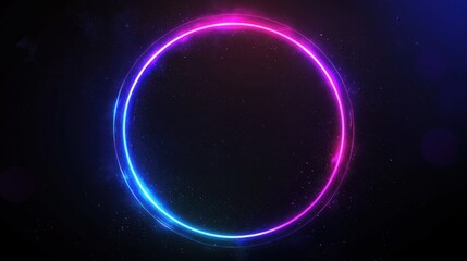 Template for text : Blue and purple neon glowing glare circle with rays. Frame isolated on black background.