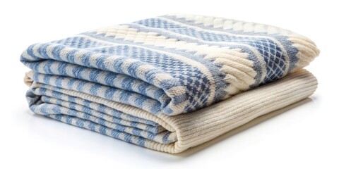 Vintage Creamy White & Blue Woolen Blankets - Soft Texture, Cozy Home Decor Photography