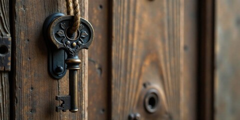 Fototapeta premium Ornate Key Hanging on Rustic Wooden Door, a Symbol of Mystery and Access