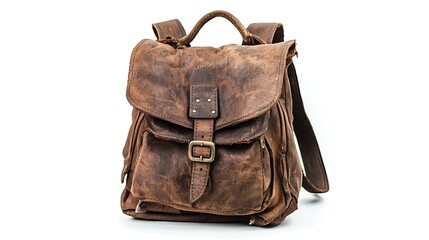Naklejka premium Vintage Brown Leather Backpack, Front View / ヴィンテージ茶色革製バックパック（前面）