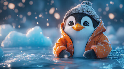 Cartoon penguin character bundled hoodie scarf snowy landscape ice winter hat coat warm soft cute animal cozy fur cold blue background smile outdoor frost gentle cuddly peaceful charming snowflake