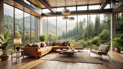 Fototapeta premium Vintage Minimalist Modern Interior Design with Nature View, Natural Light, Organic Textures, Clean Lines, Serenity, Timeless Aesthetic, Cozy Atmosphere, Earthy Palette