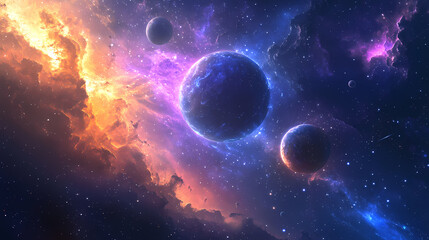 Obraz premium Celestial Symphony: A cosmic ballet of planets and nebulas unfolds, showcasing a universe of swirling colors and ethereal beauty. Explore the vastness of space, its mysteries.