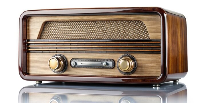 Vintage Radio Night Photography, Classic Retro Radio, Reflective Surface, Isolated White Background