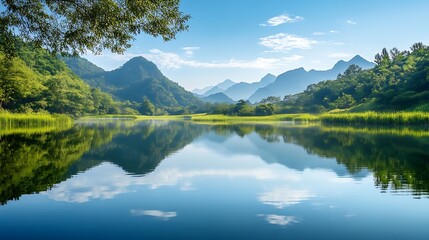 Serene Lake and Mountain Landscape under Blue Sky / 青空の下の穏やかな湖と山の風景