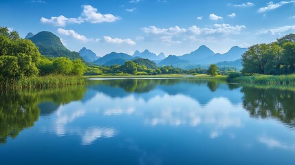 Fototapeta premium Serene Lake and Mountain Landscape under Blue Sky / 青空の下の穏やかな湖と山の風景