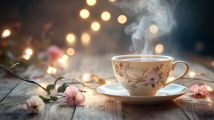 Fototapeta premium A steaming cup of tea is placed on a wooden table