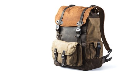 Fototapeta premium Rugged Canvas Backpack on a White Background / 白い背景の頑丈なキャンバスバックパック