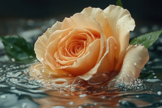 A delicate peach rose floats on the surface of a calm pond, its petals glistening with droplets of water