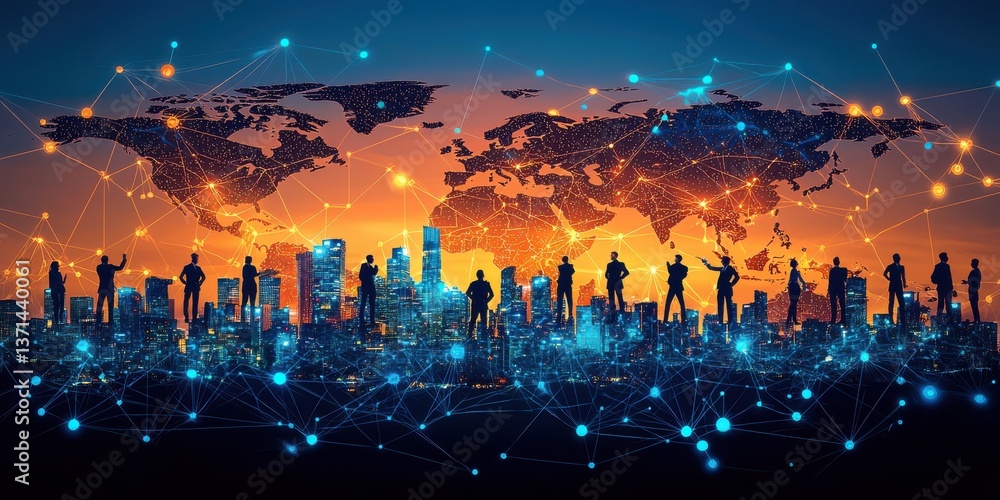 Poster a group of people are standing in a city with a network of lines connecting them