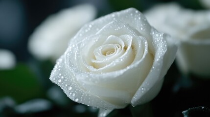 Close-up of a pristine white rose, adorned with water droplets