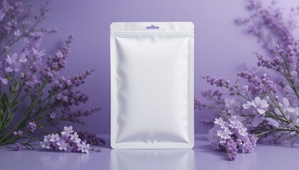 Elegant White Sheet Mask Packaging Mockup with Floral Purple  Background &ndash; Beauty and Skincare Product Branding