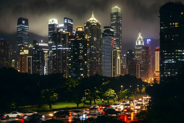 Photo Of Illuminated Skyscrapers And Traffic At Night In A Dark City Scene
