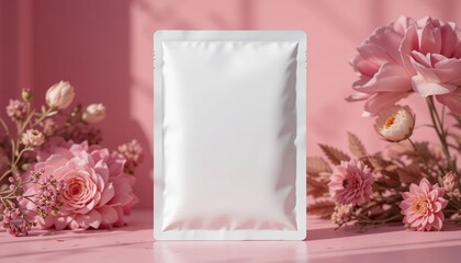 Elegant White Sheet Mask Packaging Mockup with Floral Pink Background &ndash; Beauty and Skincare Product Branding