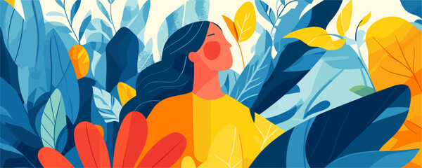 Colorful abstract woman amidst vibrant leaves - vector
