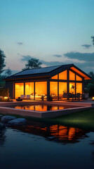 Photo of Illuminated Wooden House Beside Water at Night with Reflections