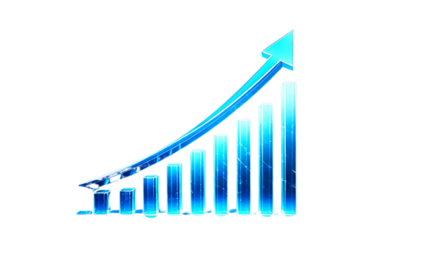 digital glass bar arrows graph, glowing blue light at the top of each vertical column represents rise or growth isolated on transparent background.