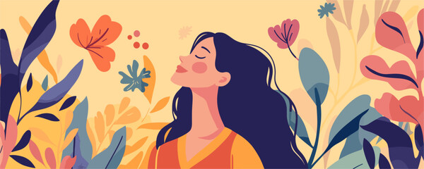 Serene woman amidst vibrant foliage and flowers - vector