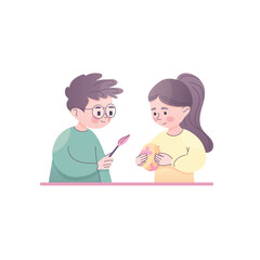 Cute Kids Painting Easter Egg, Pastel Spring vector Illustration