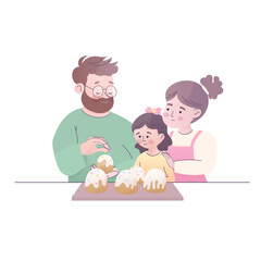 Family Decorating Easter Cakes Together, Family Easter Baking Scene, vector illustration