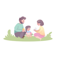 Family Celebrating Easter Outdoors , Spring Pastel vector Illustration