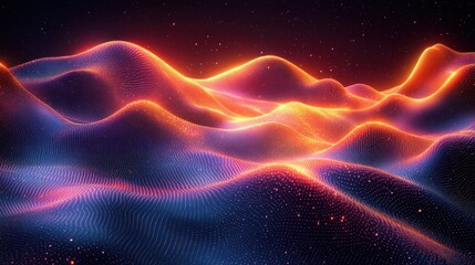 Fototapeta premium Abstract digital landscape with glowing hills; stars in the night sky