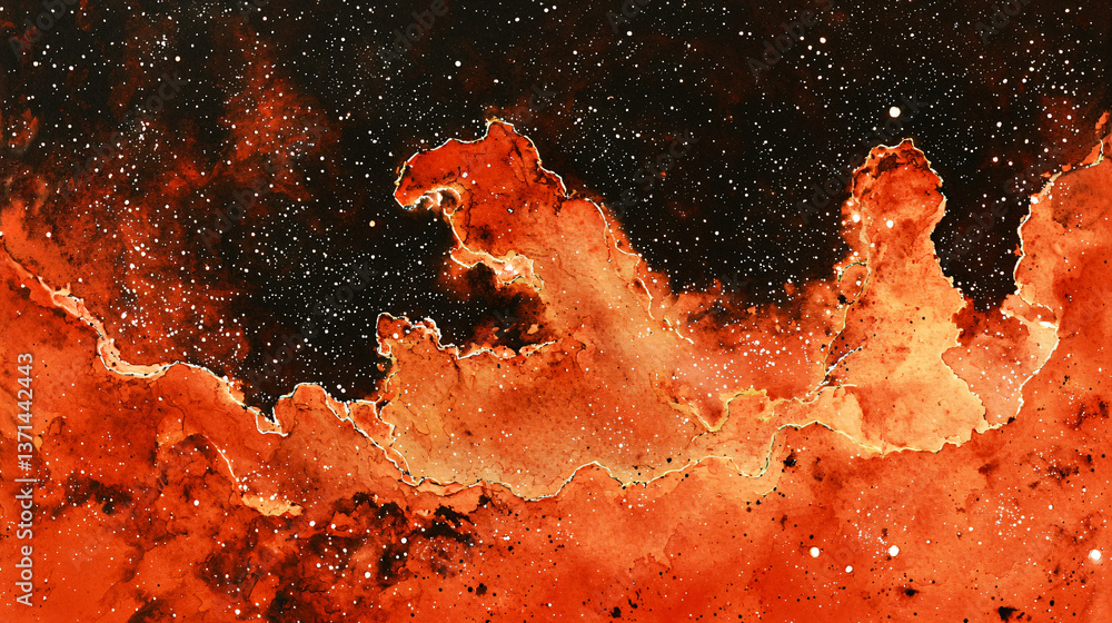 Poster vibrant red nebula illuminated by distant stars creating a dramatic celestial scene in the vastness 