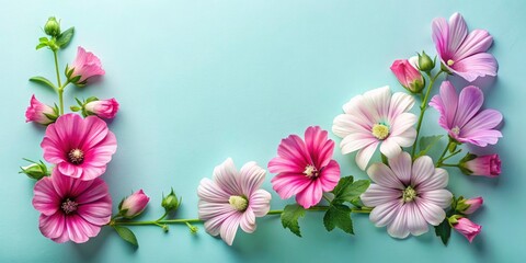 Eco-Friendly Mallow Flowers in Top-Down Angle, Diagonal Composition, Sustainable Design Elements for Nature-Inspired Projects, Perfect for Botanical Illustrations and Eco-Conscious Marketing