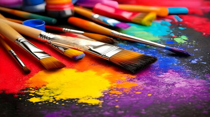 Obraz premium Photo of Paintbrushes and Vibrant Colorful Paint Splatters on Black Background