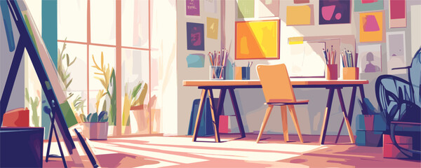 Obraz premium Bright art studio with sunlight and creative supplies, indoor plants, and inspirational decor vector