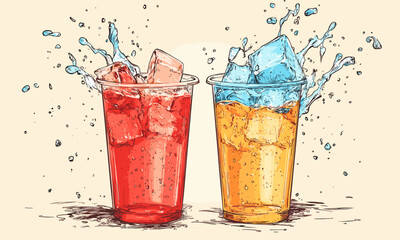 Splashing red and orange drinks with ice cubes - refreshing beverage vector