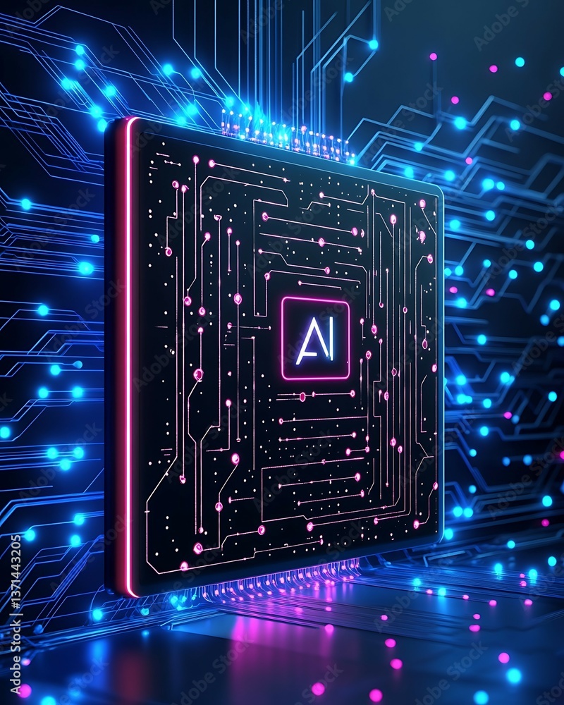Poster a futuristic ai chip surrounded by vibrant circuits and glowing particles, symbolizing advanced tech
