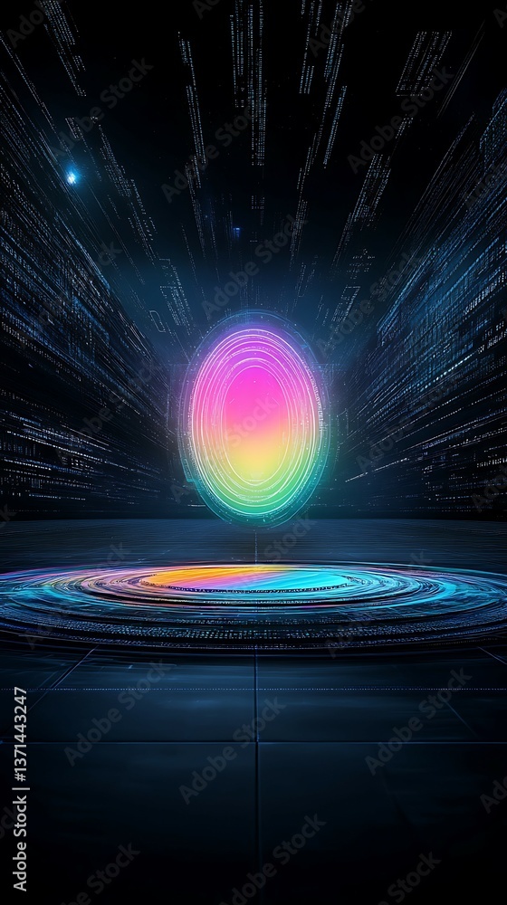 Poster a vibrant, digital egg shape illuminated in rainbow colors, surrounded by a radiant background of li