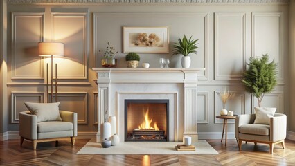 Elegant Fireplace Flat Lay with High Depth of Field for Cozy Interiors, Feminine Touch, Copy Space Design Elements, Dynamic Action Freeze, Solid Color Backdrop