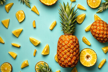 Bright flat lay of a whole pineapple and lemon slices scattered on a vibrant blue surface, creating a fresh and tropical food background.