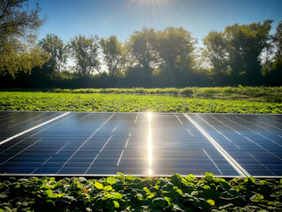 Photo of Solar Panels in Field Under Sunlight with Green Vegetation