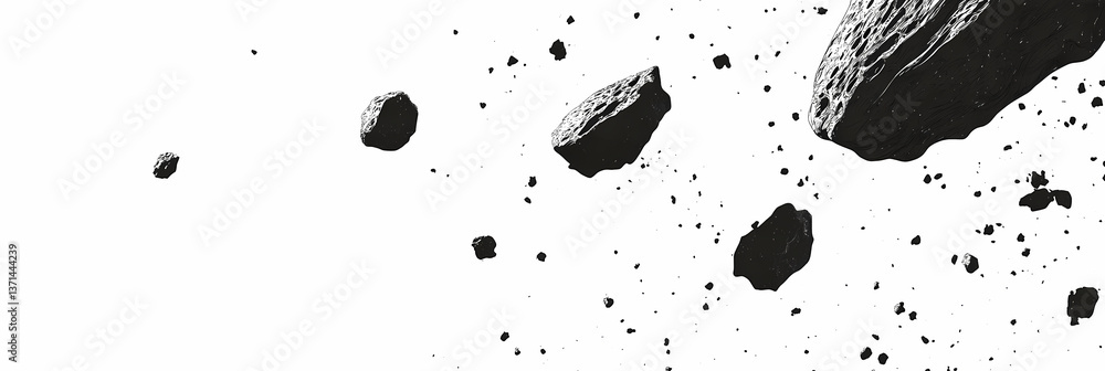 Poster cosmic debris: dramatic monochrome image capturing fragments of asteroids hurtling through the inky 