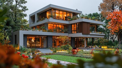 Obraz premium A large house with a lot of windows and a large garden